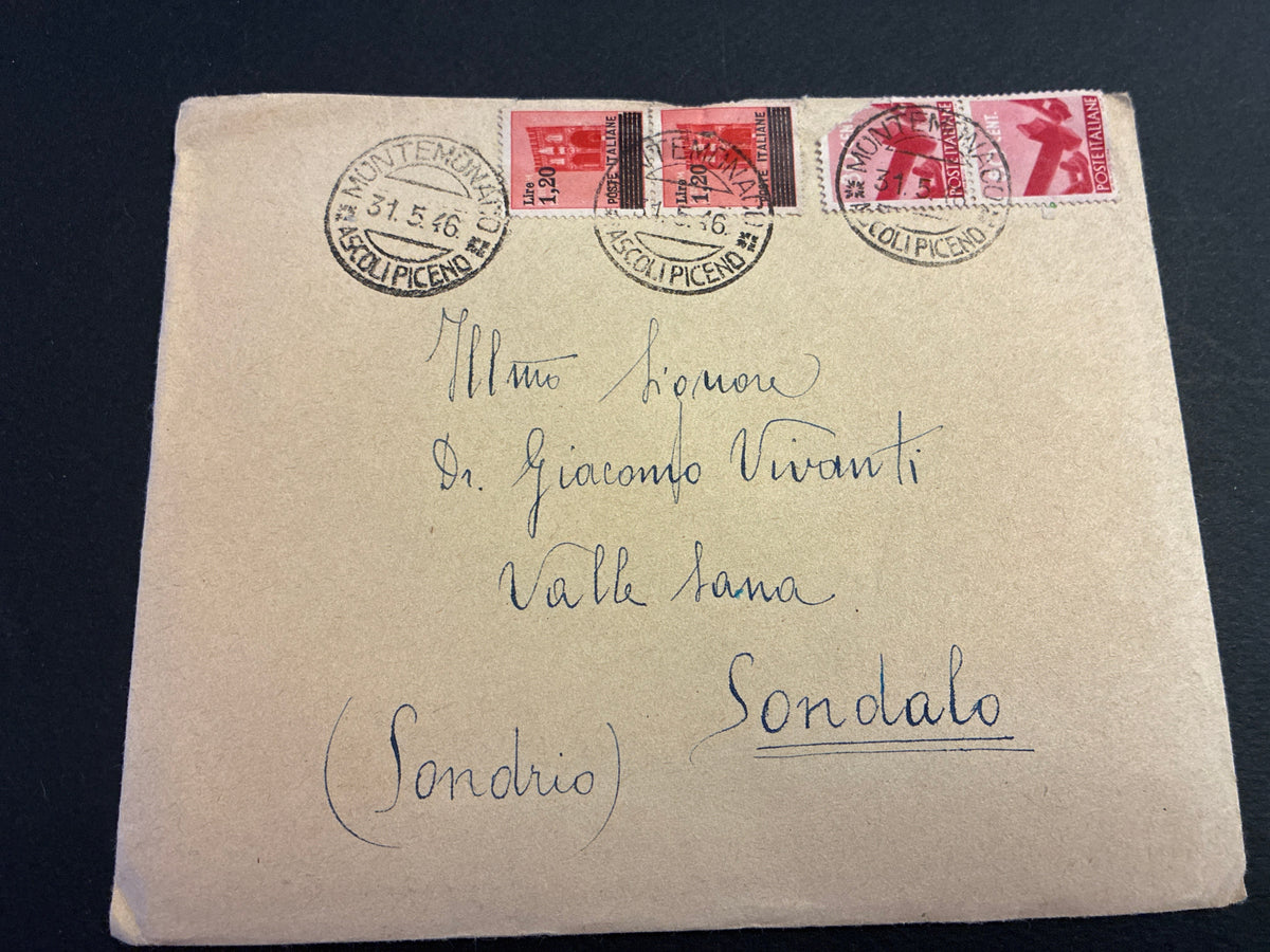 Busta Storia Postale Re Di Maggio Umberto II Timbro Montemonaco Ascoli Piceno 31 Maggio 1946 Affrancatura Quadrupla Mista Monumenti Distrutti Sbarrati E Democratica Tariffa 4 Lire Per Sondalo Da Collezione