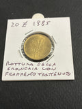 20 lire del 1985 Ramo di Quercia variante errore di conio rottura della grondaia con frammento trattenuto