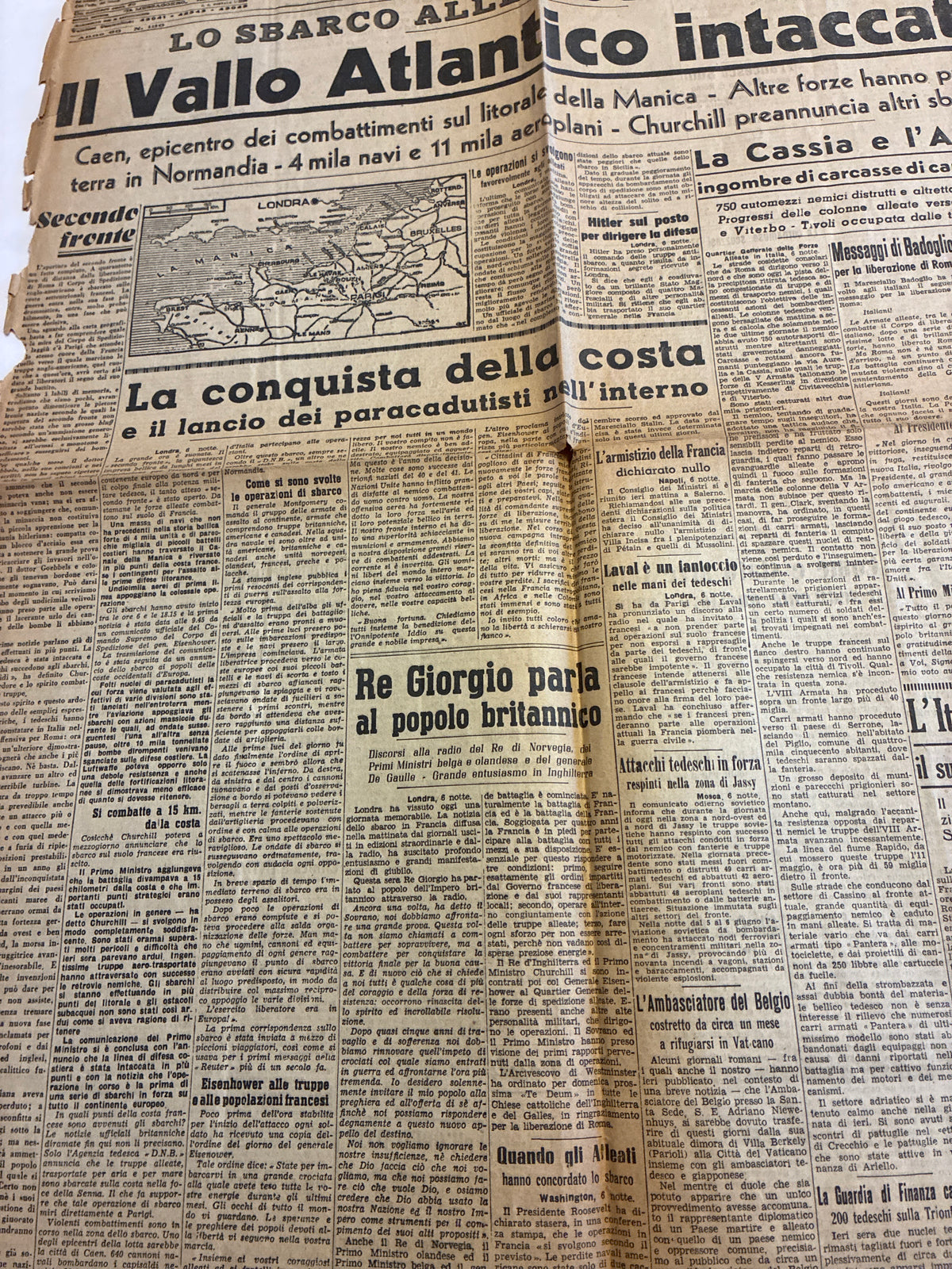 Importante Quotidiano Originale Il Messaggero 7 Giugno 1944 - Edizione Completa Roma - Lo Sbarco in Normandia
