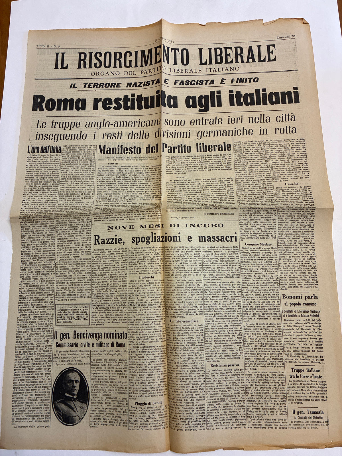 Quotidiano Originale Epoca Il Risorgimento Liberale 5 Giugno 1944 Roma Restituita Agli Italiani Seconda Guerra Mondiale