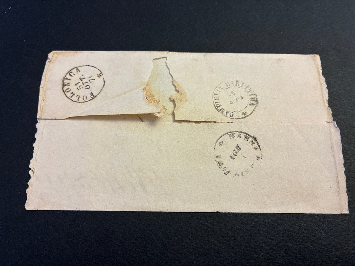 Busta Storia Postale 1874 Regno D'Italia Vittorio Emanuele II Francobollo 20 Centesimi Azzurro Annullo Numerale A Punti Timbri Retro Campiglia Marittima E Follonica Da Collezione