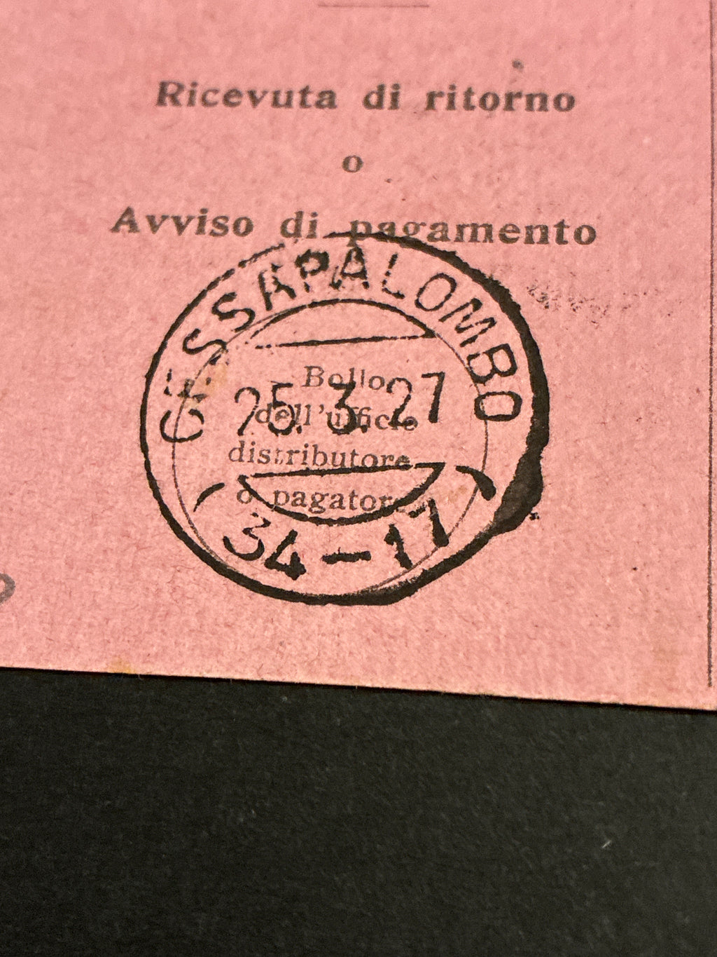 Ricevuta Ritorno 1927 da Camporotondo a Cessapalombo Macerata Frazionario 34-17 Francobollo Giubileo del Re 60 Centesimi Storia Postale Marche
