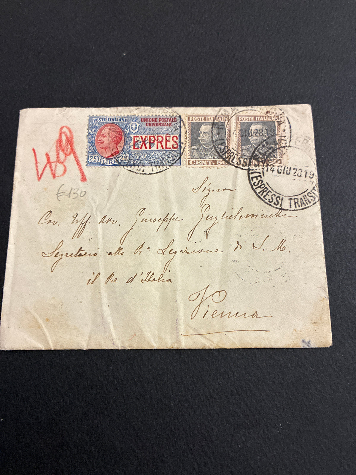 Busta Espresso del 1928 da Roma a Vienna per la Regia Legazione d'Italia, con lettera autografa del Consigliere di Stato Luigi Guglielmetti al figlio diplomatico Giuseppe