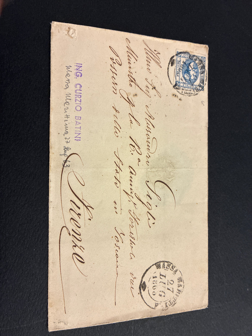 Regno d'Italia 1863 - Lettera da Massa Marittima a Firenze, 15c Litografico II Tipo (Sassone 13), Transito a Siena e Ambulante Ferroviario, Sigla Batini