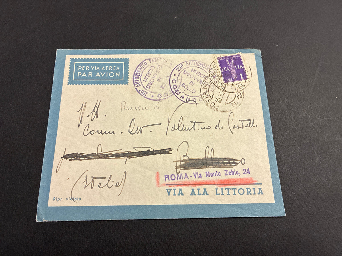 1942, Posta Militare 102: Busta di Via Aerea Ala Littoria con Francobollo da 1 Lira Sovrastampato P.M. e Lettera dal Fronte Russo del 250° Autoreparto Pesante (Divisione Alpina Tridentina) per Roma