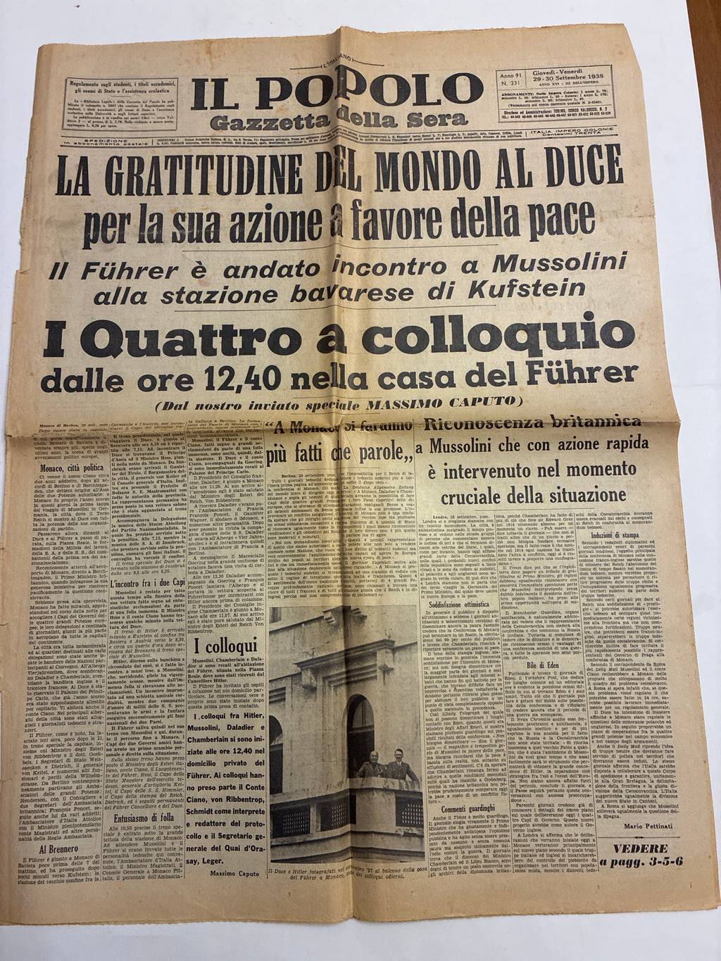 Quotidiano Storico Il Popolo Gazzetta della Sera 29-30 Settembre 1938 Conferenza Monaco Mussolini