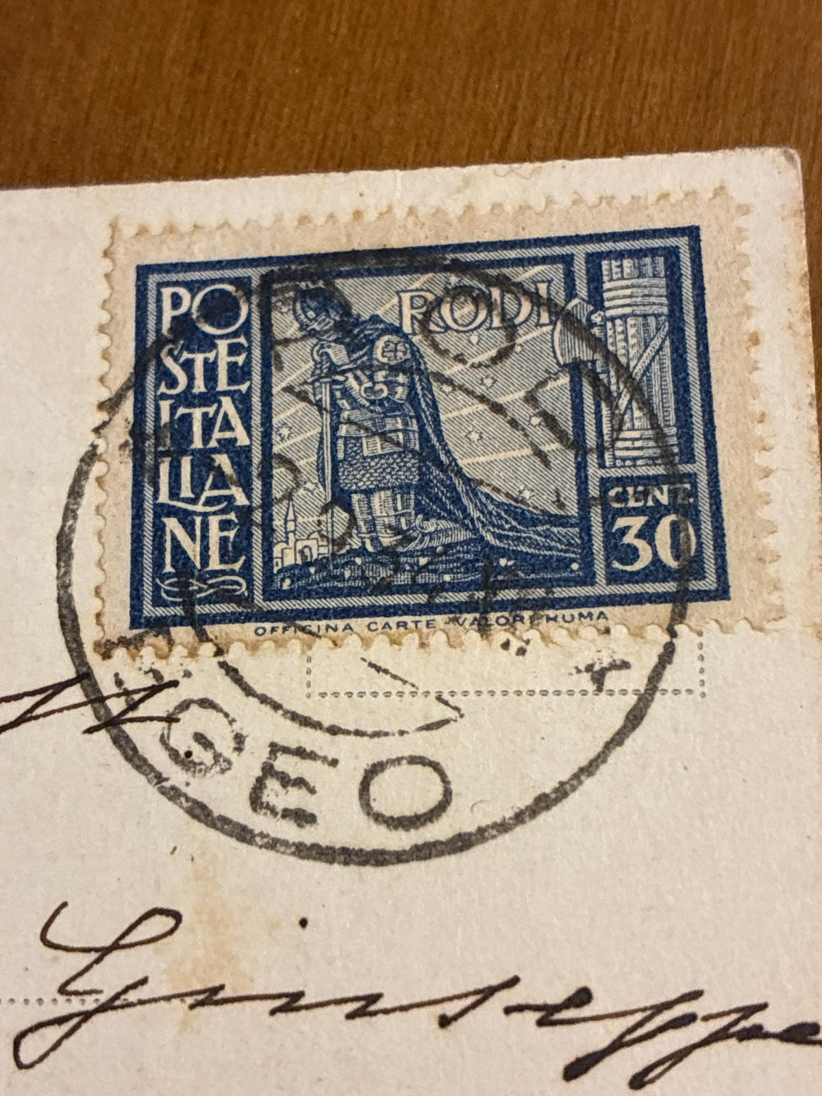 Isole Italiane Egeo Cartolina da Rodi a Napoli Affrancata 30 Centesimi Serie Pittorica Cavaliere di Rodi Acropoli del Fileremo