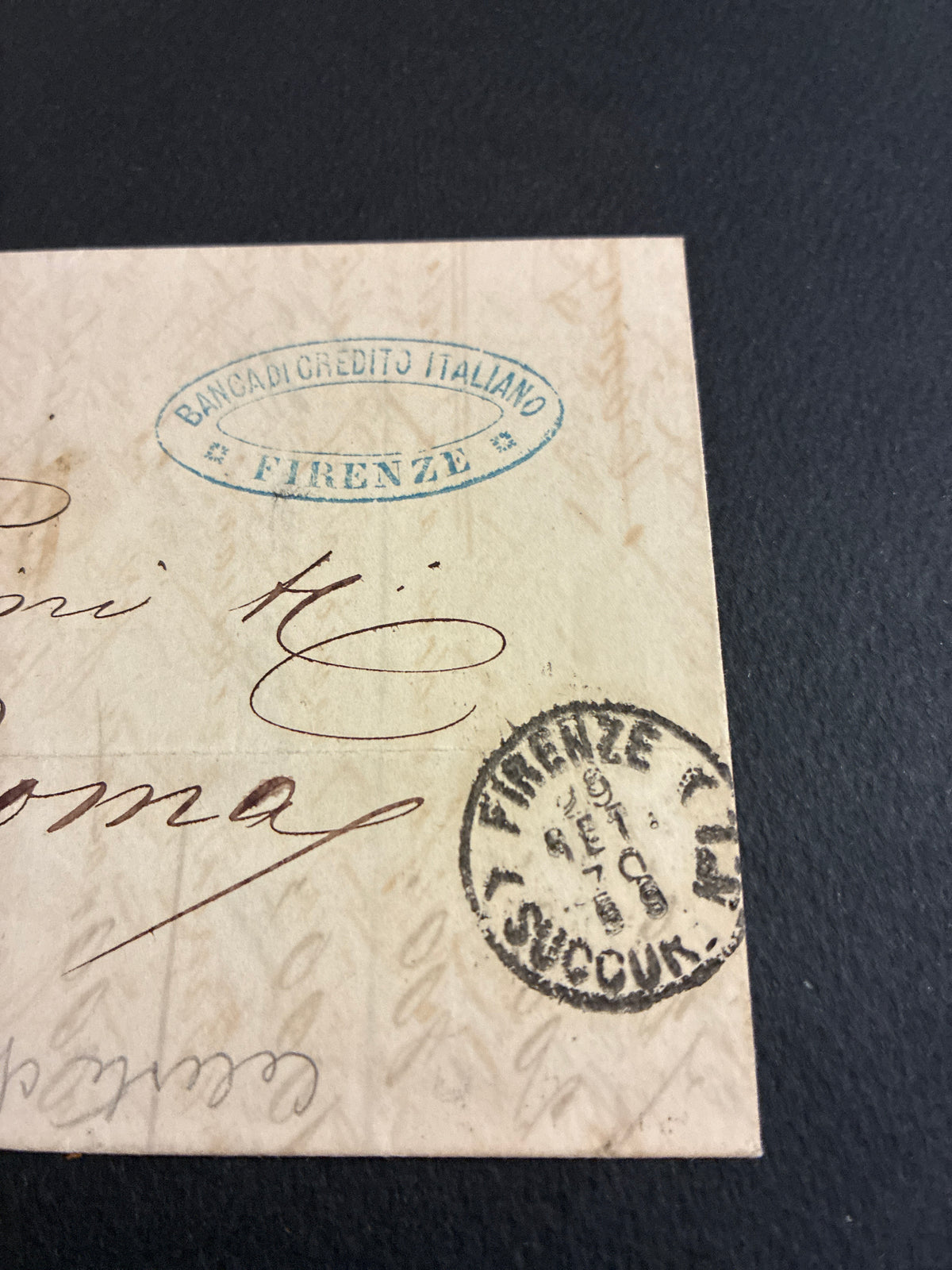 Busta 1880 da Firenze a Roma in tariffa umbertina da 20 centesimi azzurro con timbro della Banca di Credito Italiano