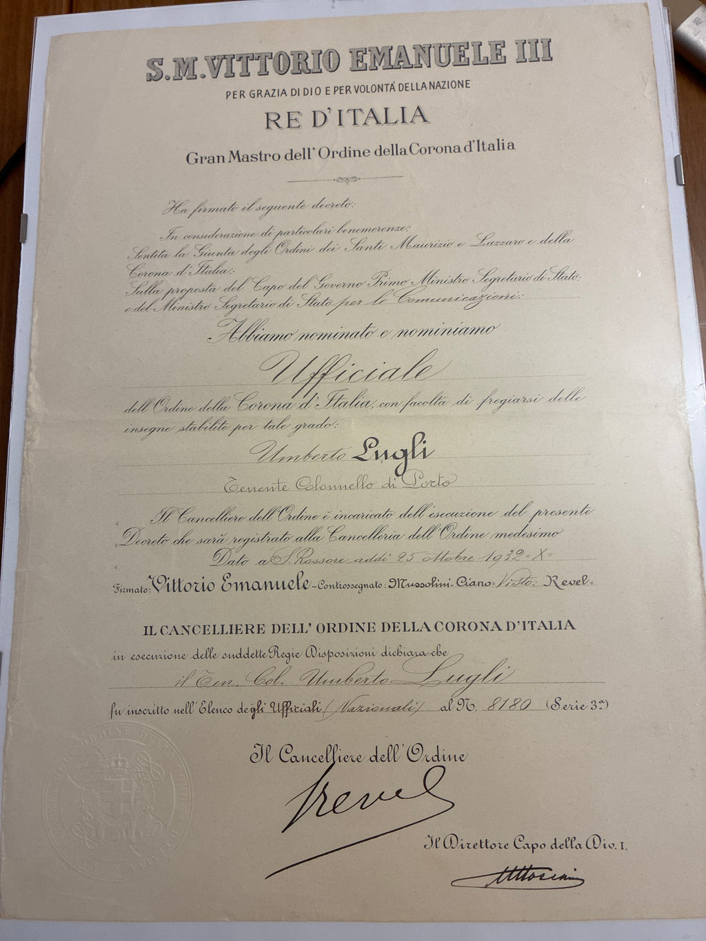 Raro Decreto 1932 Ufficiale Corona d'Italia - Firma Autografa Ammiraglio Revel e Timbro a Secco - Incorniciato Umberto Lugli