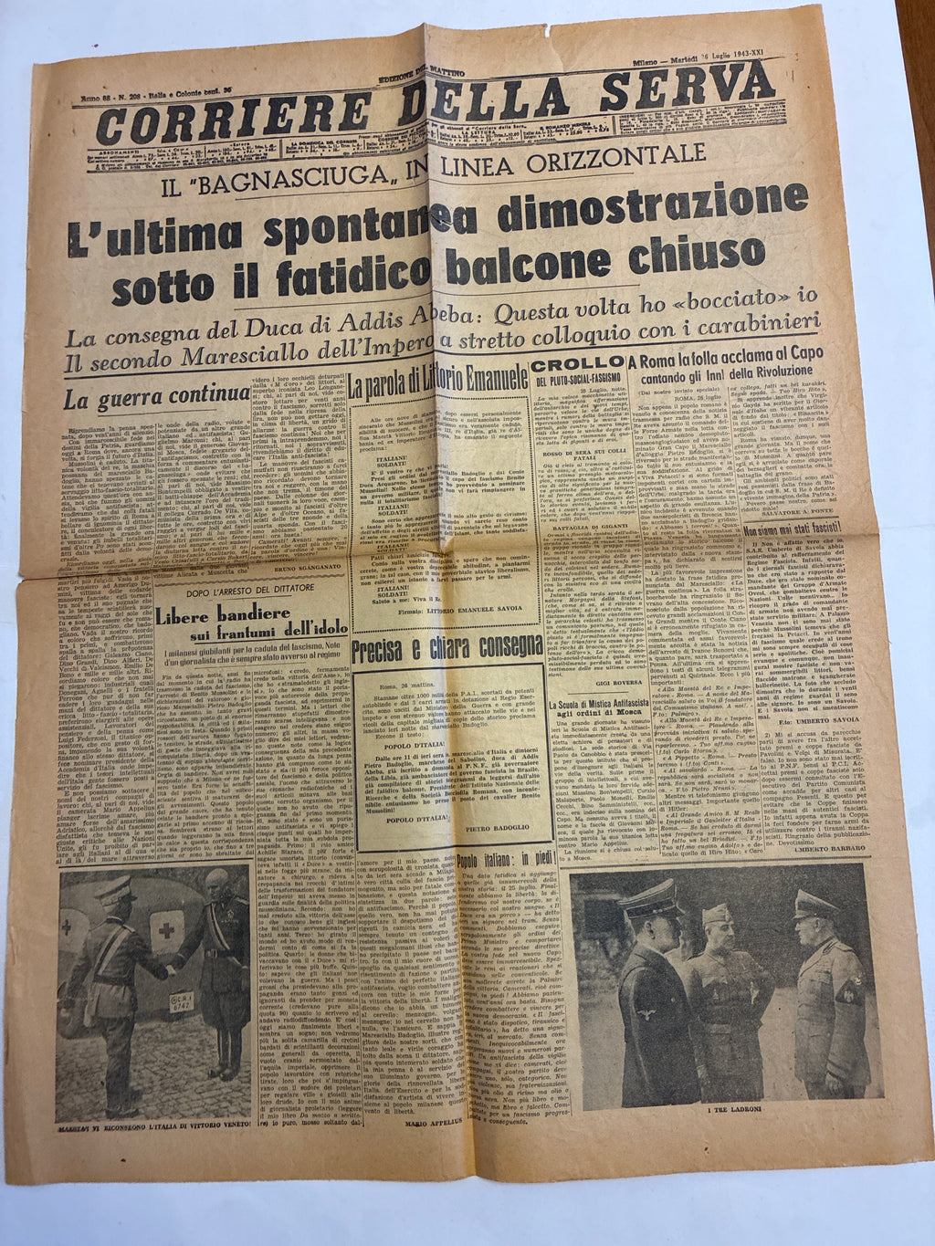 Cimelio Clandestino CORRIERE DELLA SERVA 26 Luglio 1943 - Rarissima Parodia sulla Caduta di Mussolini (Il Bagnasciuga)