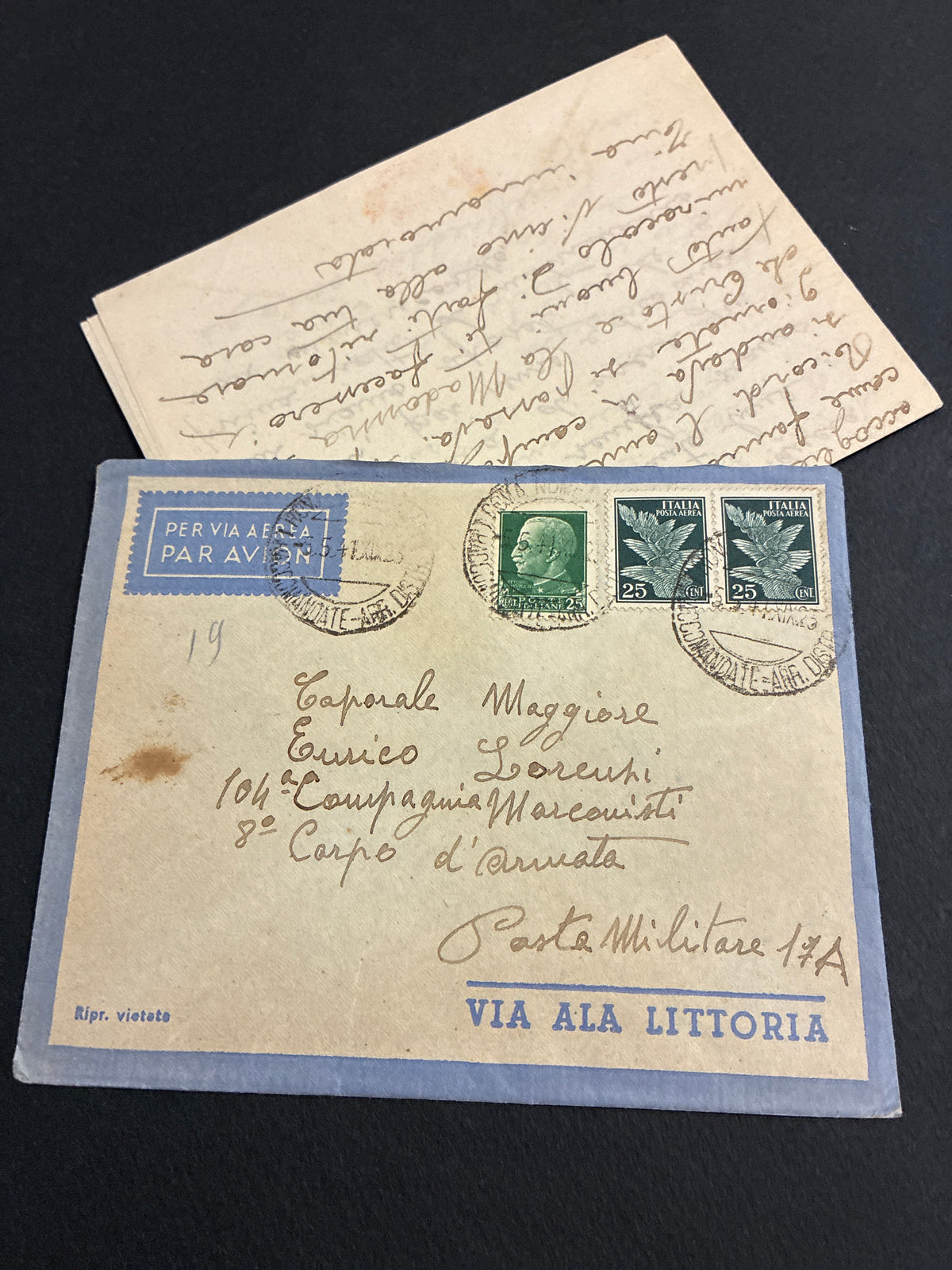 1941, Posta Militare 17A: Busta di Via Aerea Ala Littoria Completa della Lettera della Fidanzata da Roma per il Fronte Greco