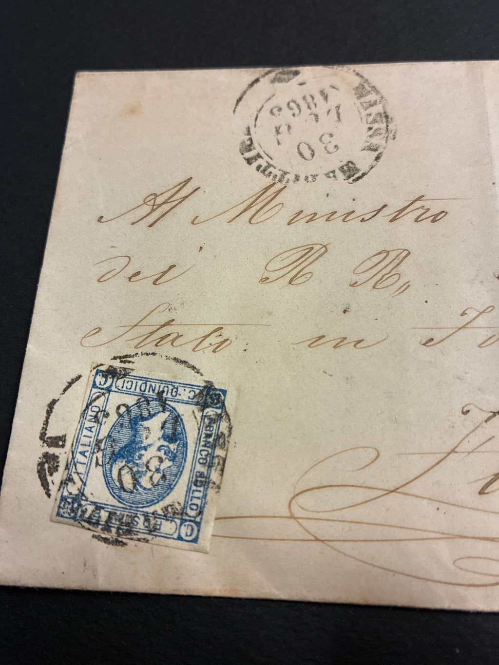 Lettera 1863 per il Ministro Forestale dei RRPP dello Stato in Follonica con 15 Centesimi "Matraire" Primo Tipo Capovolto dall'Archivio dell'Ing. Curzio Batinio