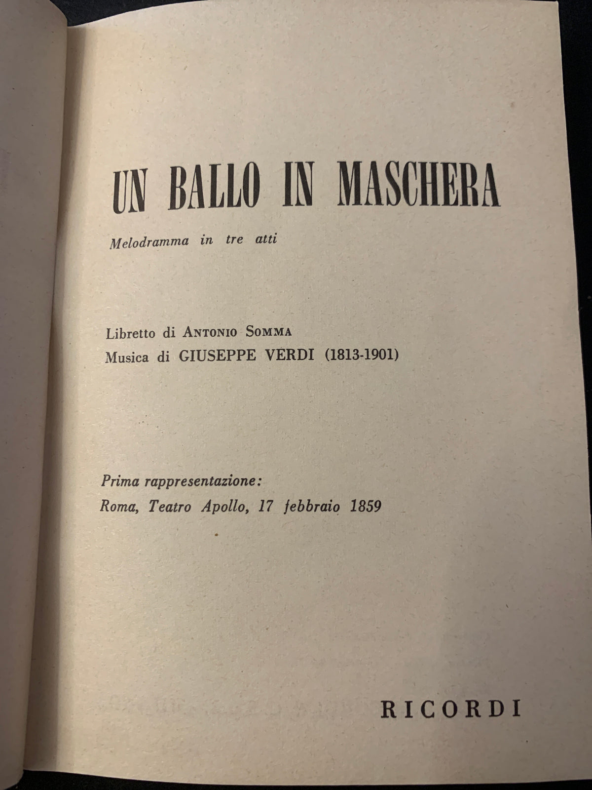 Libretto d'opera Un Ballo in Maschera - Giuseppe Verdi - Ricordi 1972