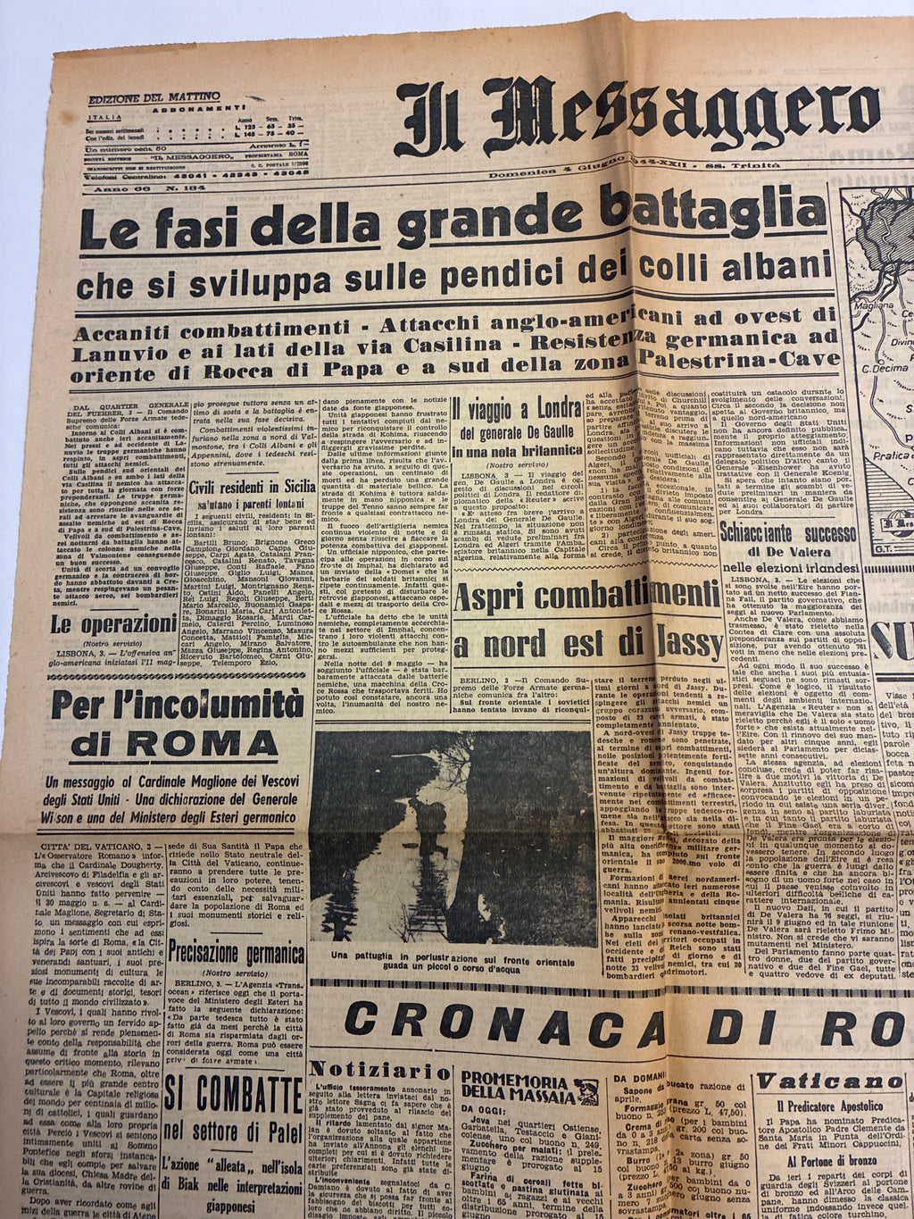 Quotidiano ORIGINALE 4 Giugno 1944 Il Messaggero Liberazione di Roma Mappa COMPLETO