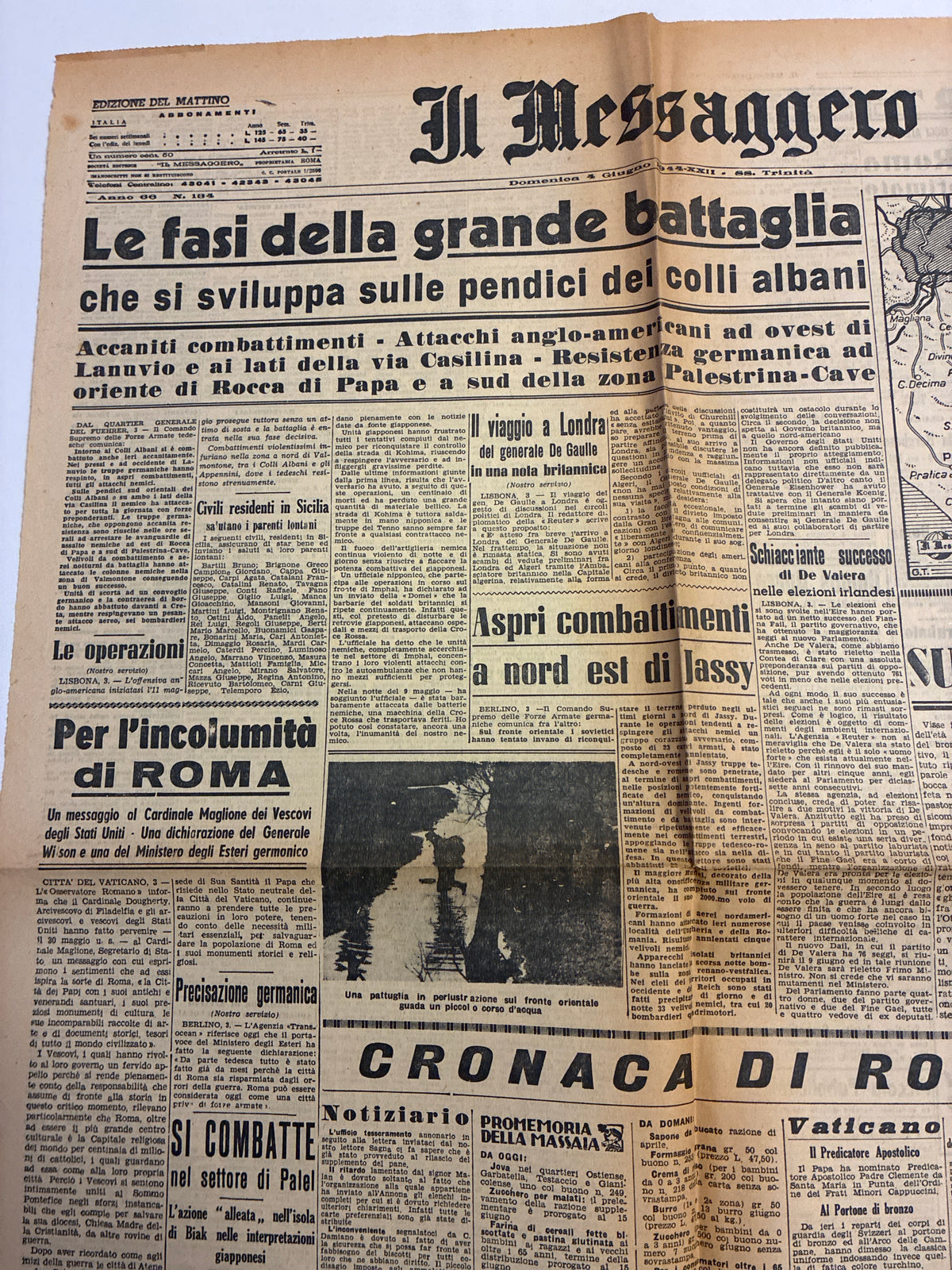 Quotidiano ORIGINALE 4 Giugno 1944 Il Messaggero Liberazione di Roma Mappa COMPLETO
