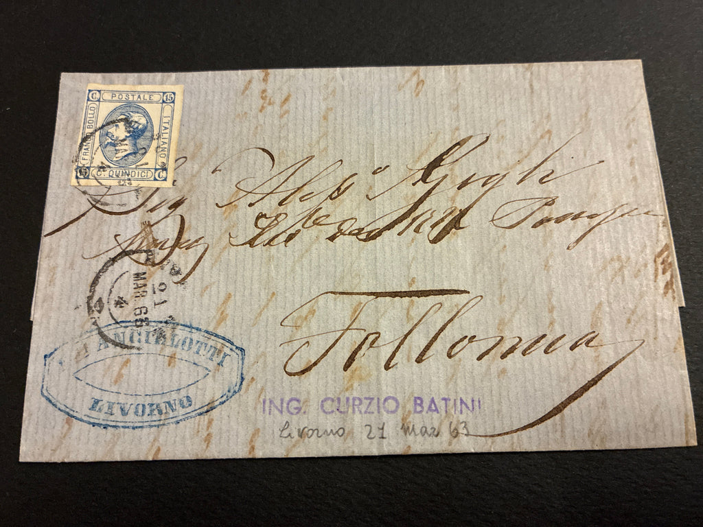 Lettera 1863 con 15 Centesimi Azzurro Primo Tipo "Matraire" in uso precoce dall'Archivio e Collezione dell'Ing. Curzio Batini