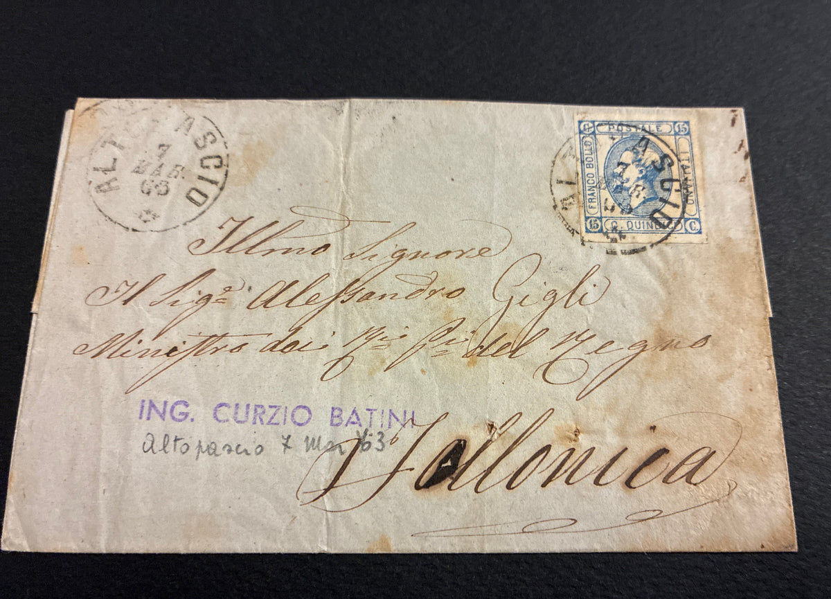 Lettera 1863 per il Ministro dei Reggi Possedimenti del Regno con 15 Centesimi "Matraire" Primo Tipo in uso precoce, raro timbro dell'Ambulante Ferroviario Firenze-Massa e Collezione dell'Ing. Curzio Batini