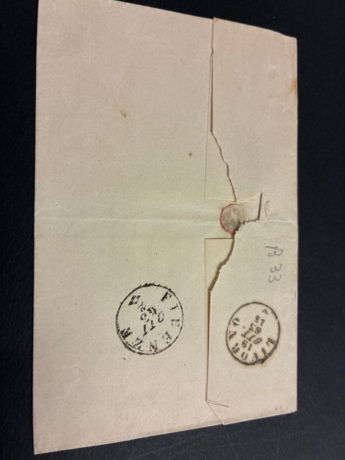 Busta 18/10/1863 Regno d'Italia 15 C. Litografico II Tipo Annullato a Barre con Transito Livorno e Lineare Batini