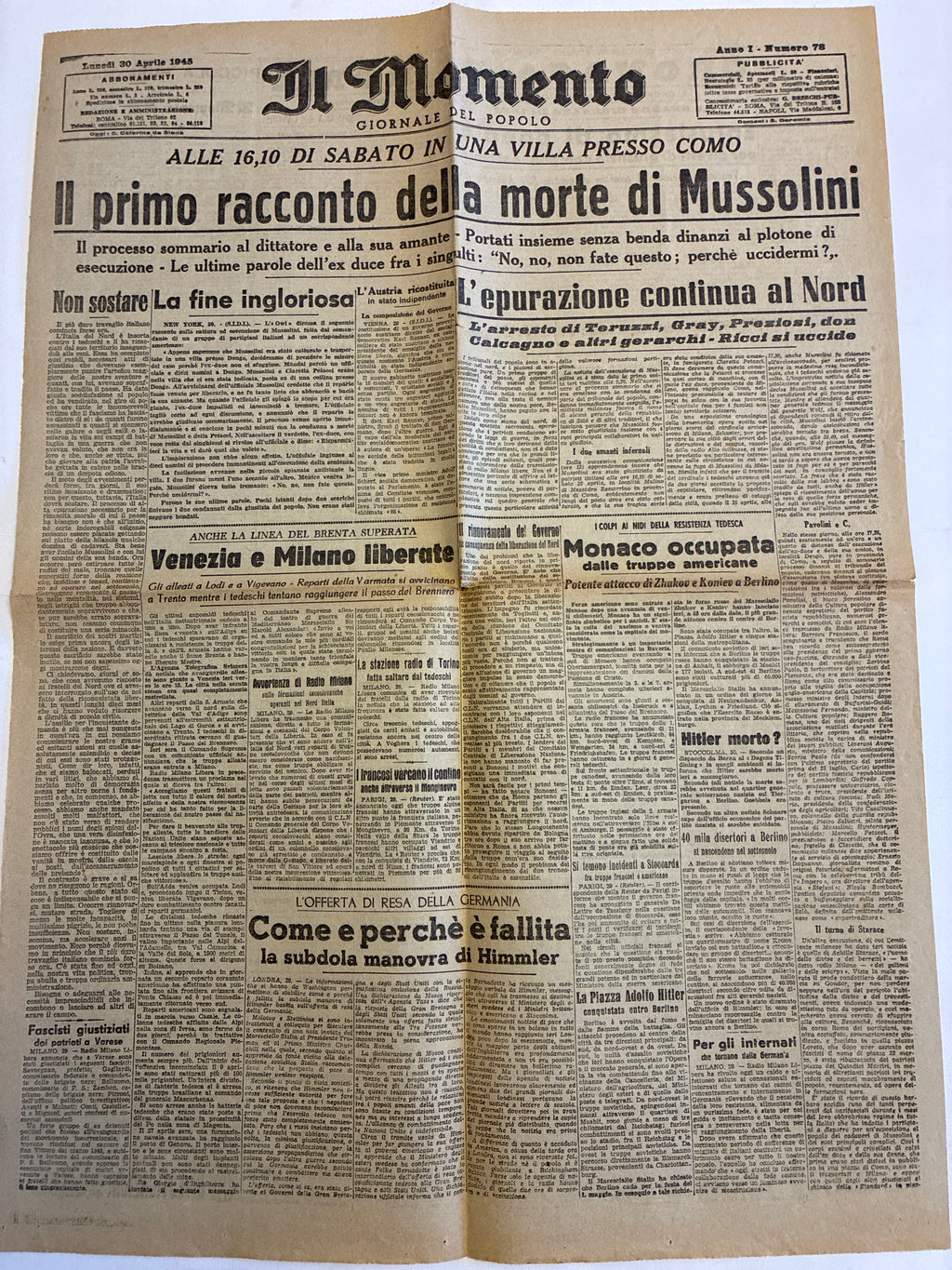 Rarissimo Quotidiano Il Momento Originale 30 Aprile 1945 {Primo Racconto Morte Mussolini E Giallo Hitler}