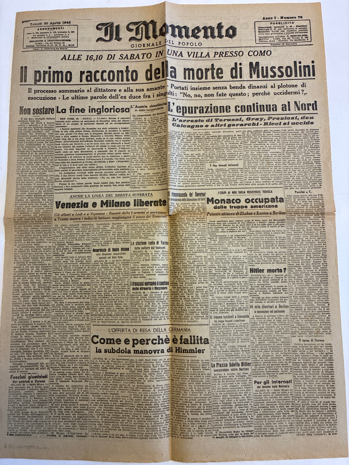 Rarissimo Quotidiano Il Momento Originale 30 Aprile 1945 {Primo Racconto Morte Mussolini E Giallo Hitler}