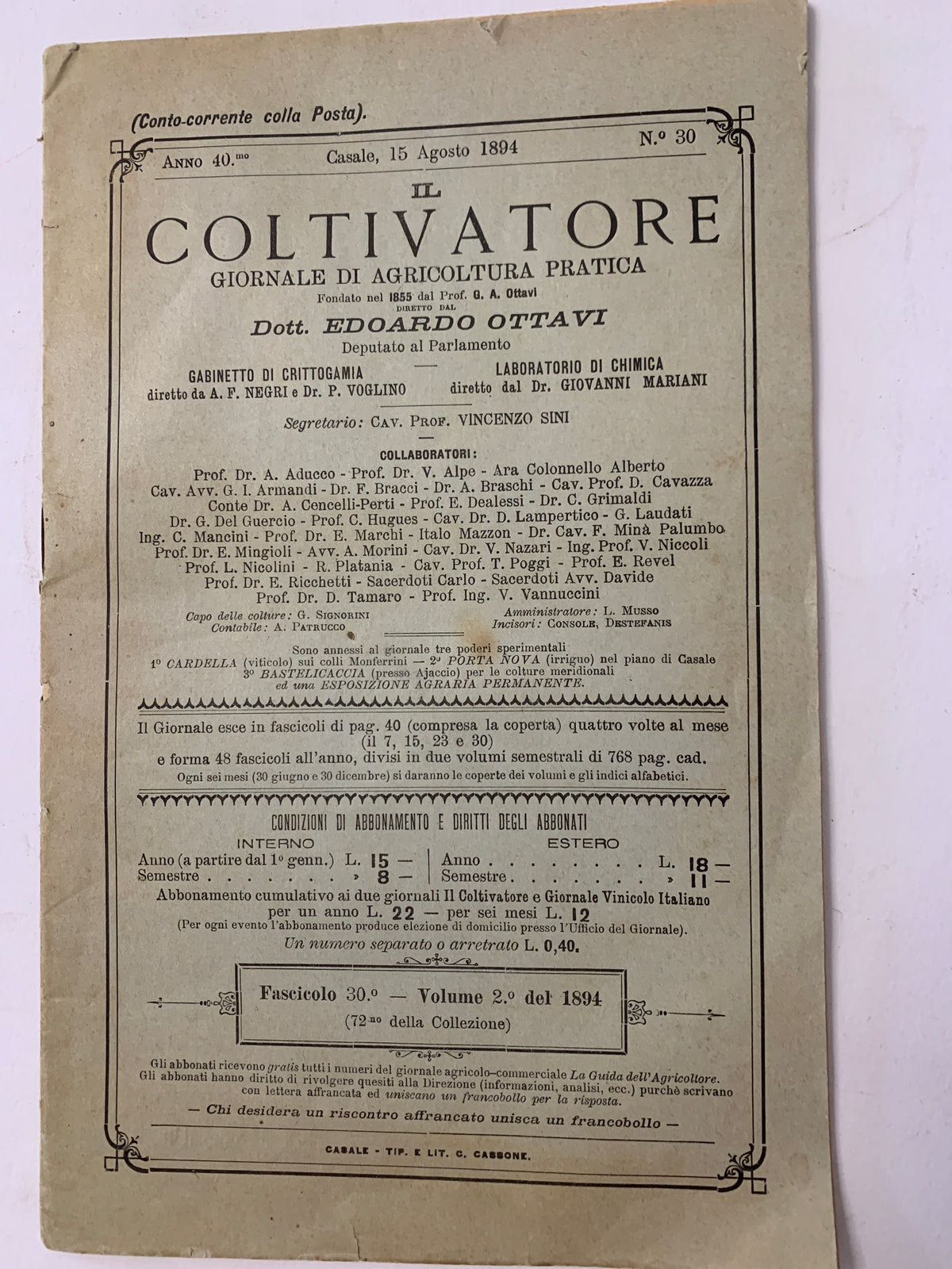 Rivista Antica "Il Coltivatore" N. 30 del 15 Agosto 1894 – Casale Monferrato