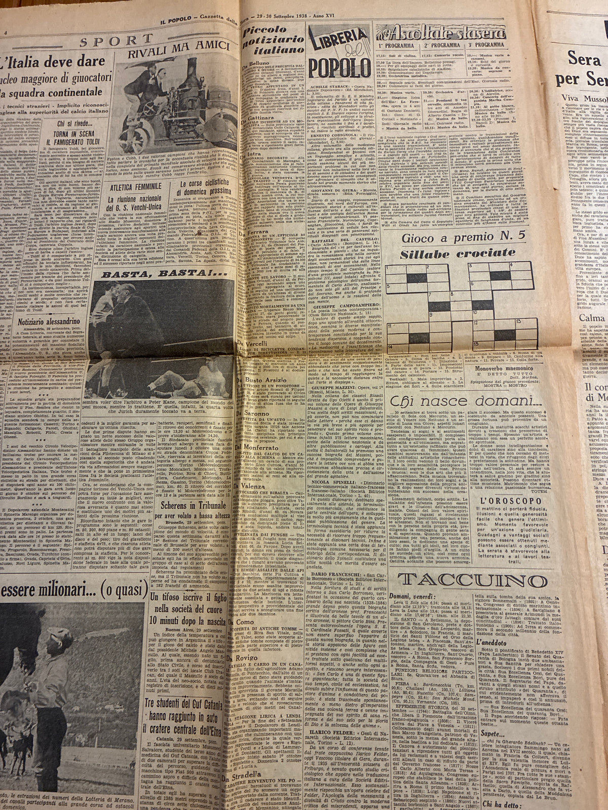 Quotidiano Storico Il Popolo Gazzetta della Sera 29-30 Settembre 1938 Conferenza Monaco Mussolini