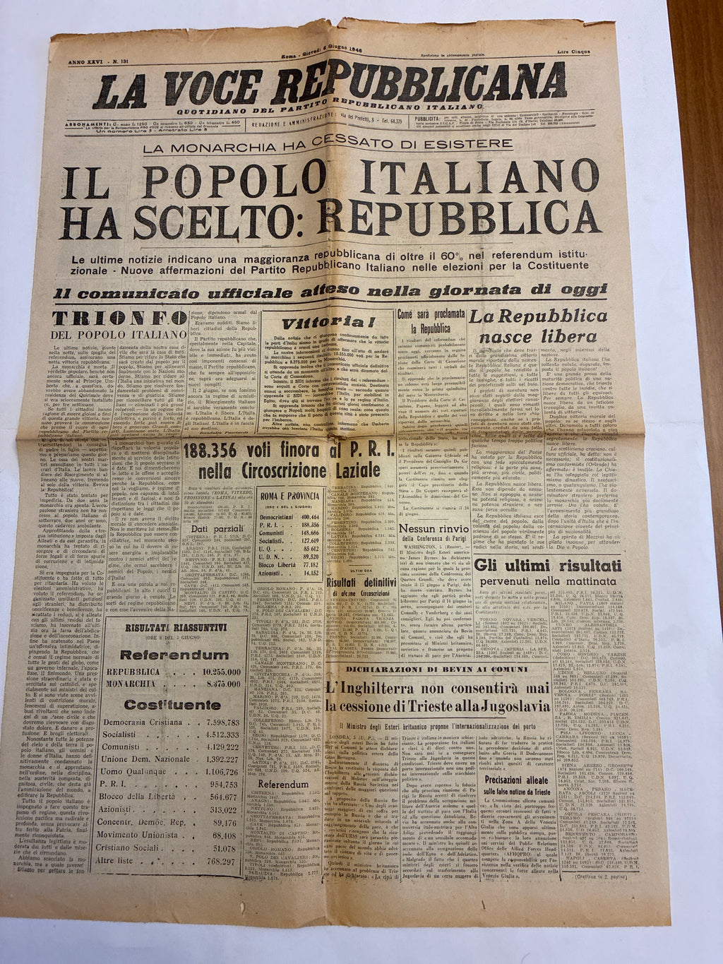6 Giugno 1946 La Voce Repubblicana - NASCE LA REPUBBLICA ITALIANA Pezzo da Museo