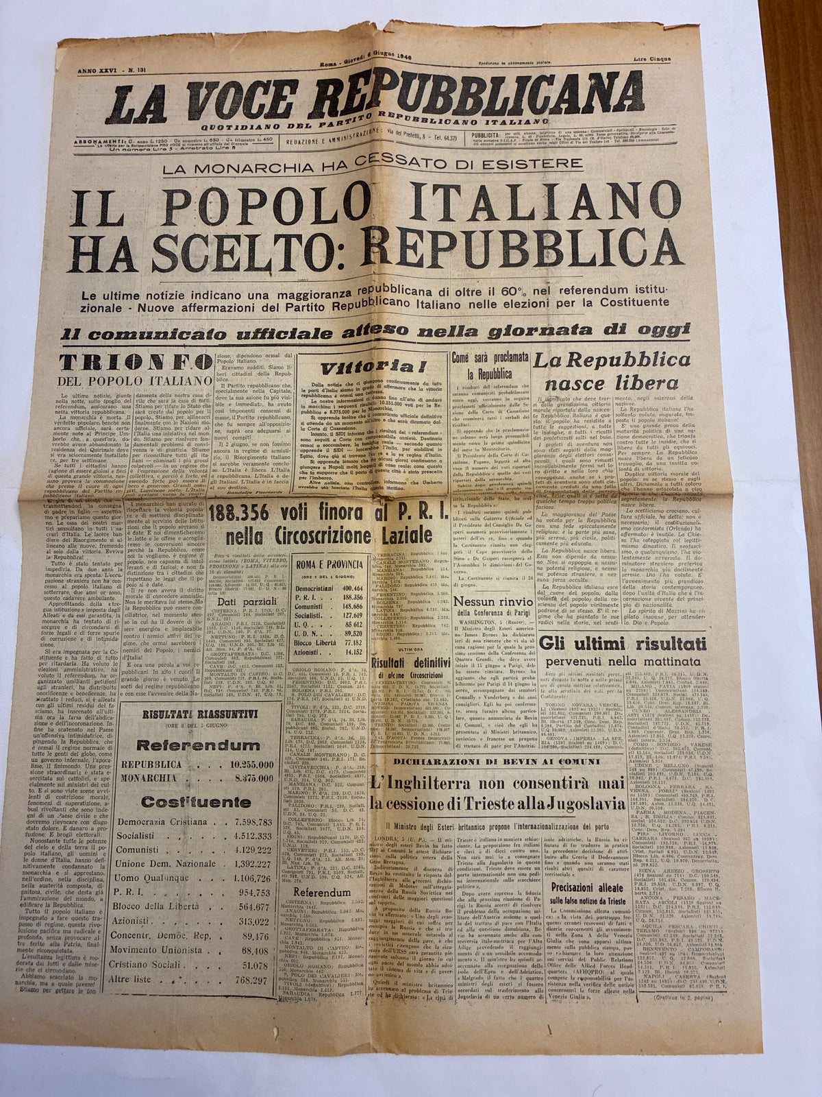 6 Giugno 1946 La Voce Repubblicana - NASCE LA REPUBBLICA ITALIANA Pezzo da Museo