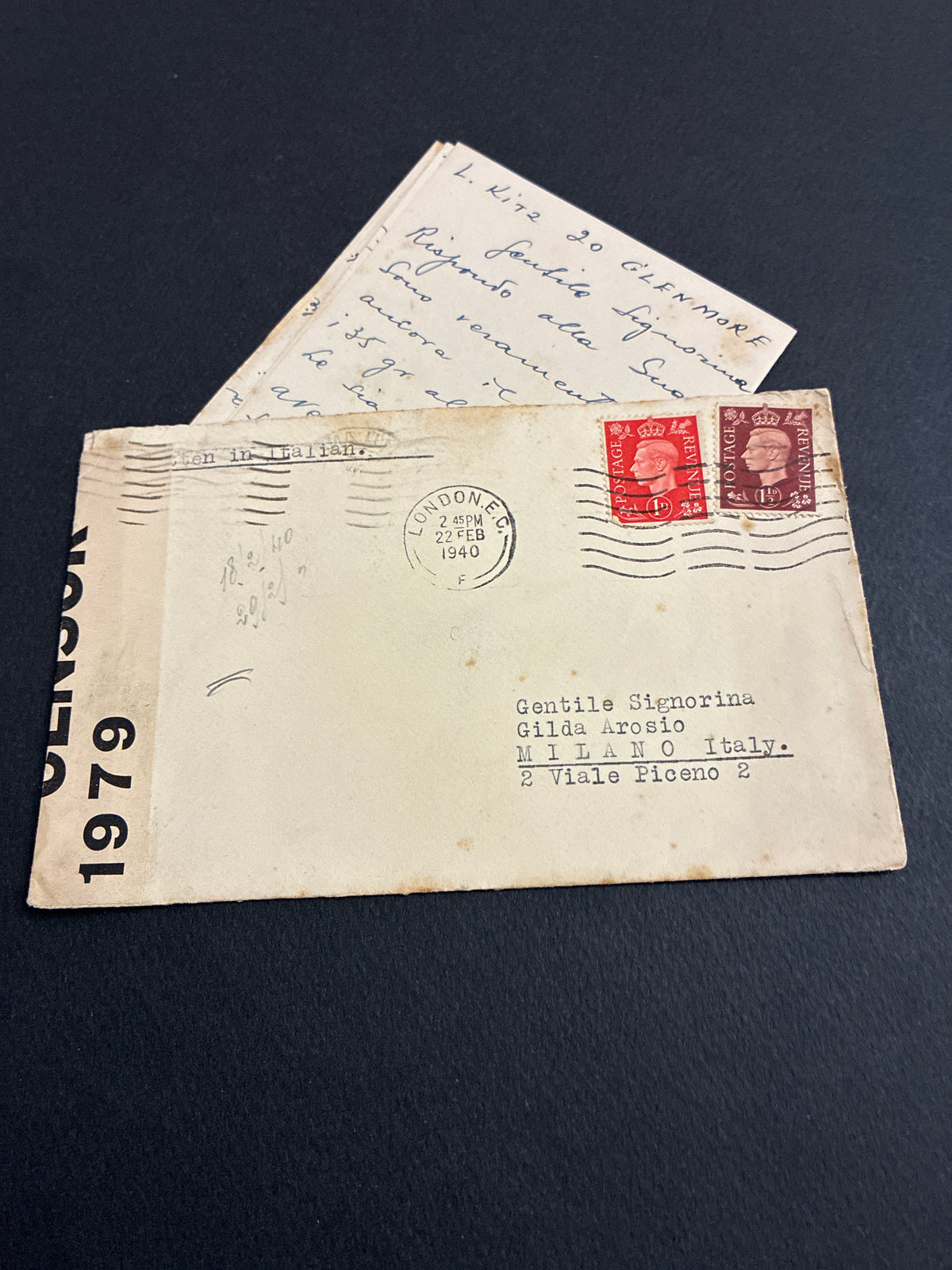 Lettera Storia Postale 1940 da Londra a Milano - Censura Inglese P.C.66 Intero Testo