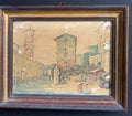 Quadro Antico Acquerello – Scorcio di Piazza con Mercato e Campanile – Firmato