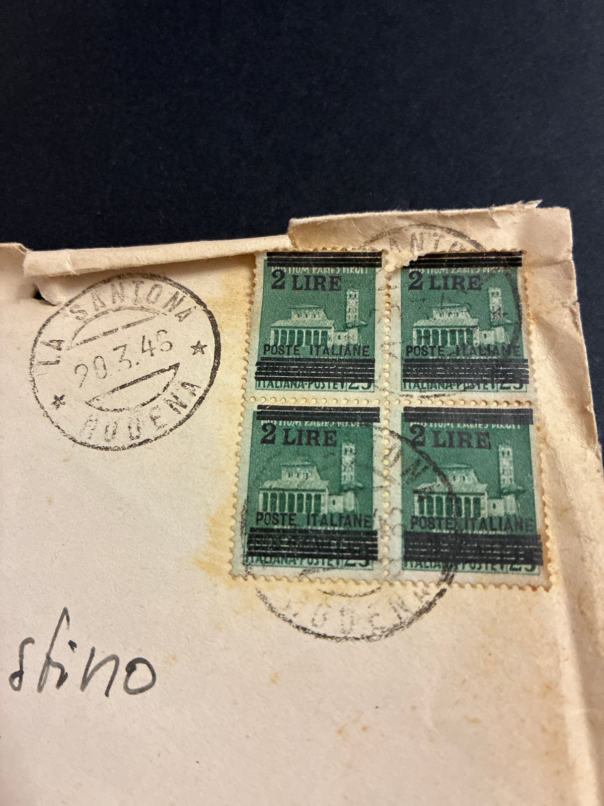 Lettera da La Santona (Modena) a Genova affrancata con blocco di quattro del 2 Lire su 25c "Monumenti Distrutti" sovrastampato dalle Poste Italiane nel periodo della Luogotenenza