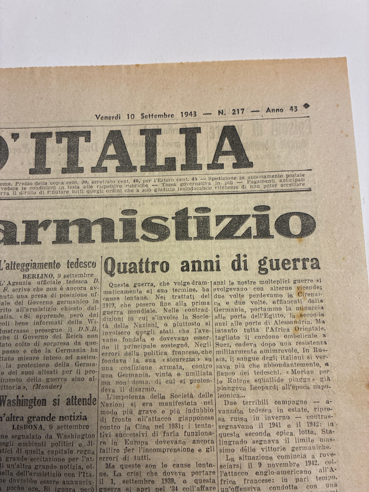 Quotidiano Storico Il Giornale d'Italia 10 Settembre 1943 Armistizio Sbarco Salerno