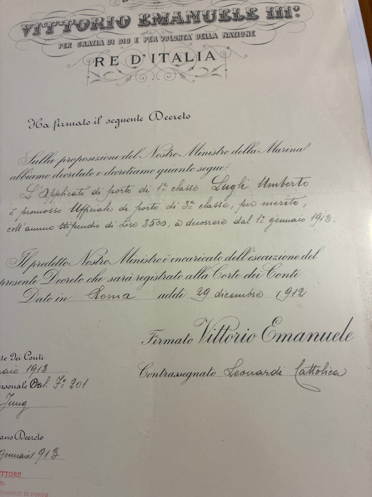 Raro Regio Decreto 1912 Promozione Ufficiale Capitanerie Umberto Lugli - Timbro Rosso - Incorniciato Storia Sabauda