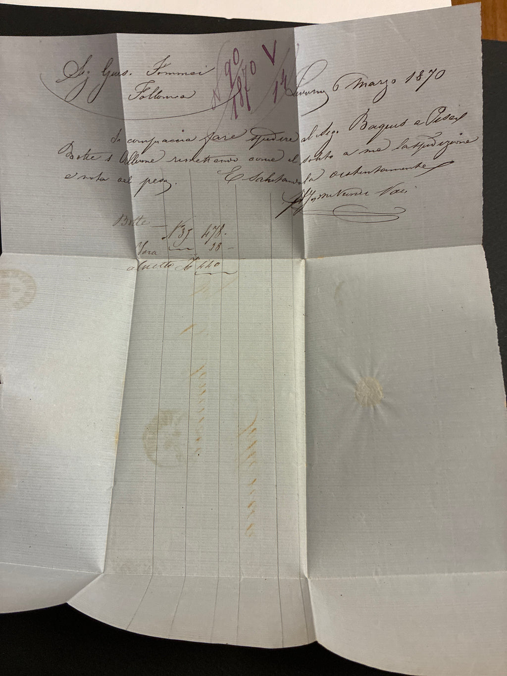 Lettera del 1870 da Livorno a Follonica affrancata con francobollo da 20 centesimi