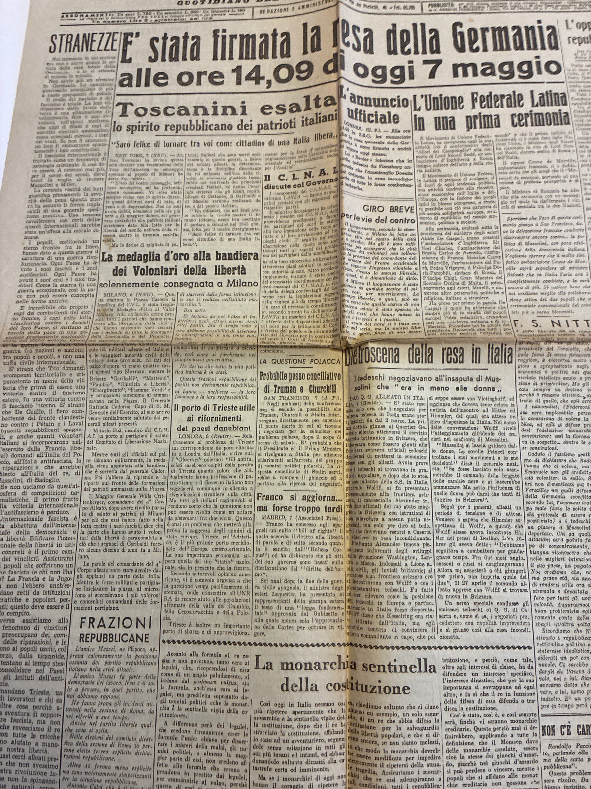 Rarissimo Quotidiano La Voce Repubblicana 8 Maggio 1945 {V-E Day Resa Della Germania E Messaggio Toscanini}