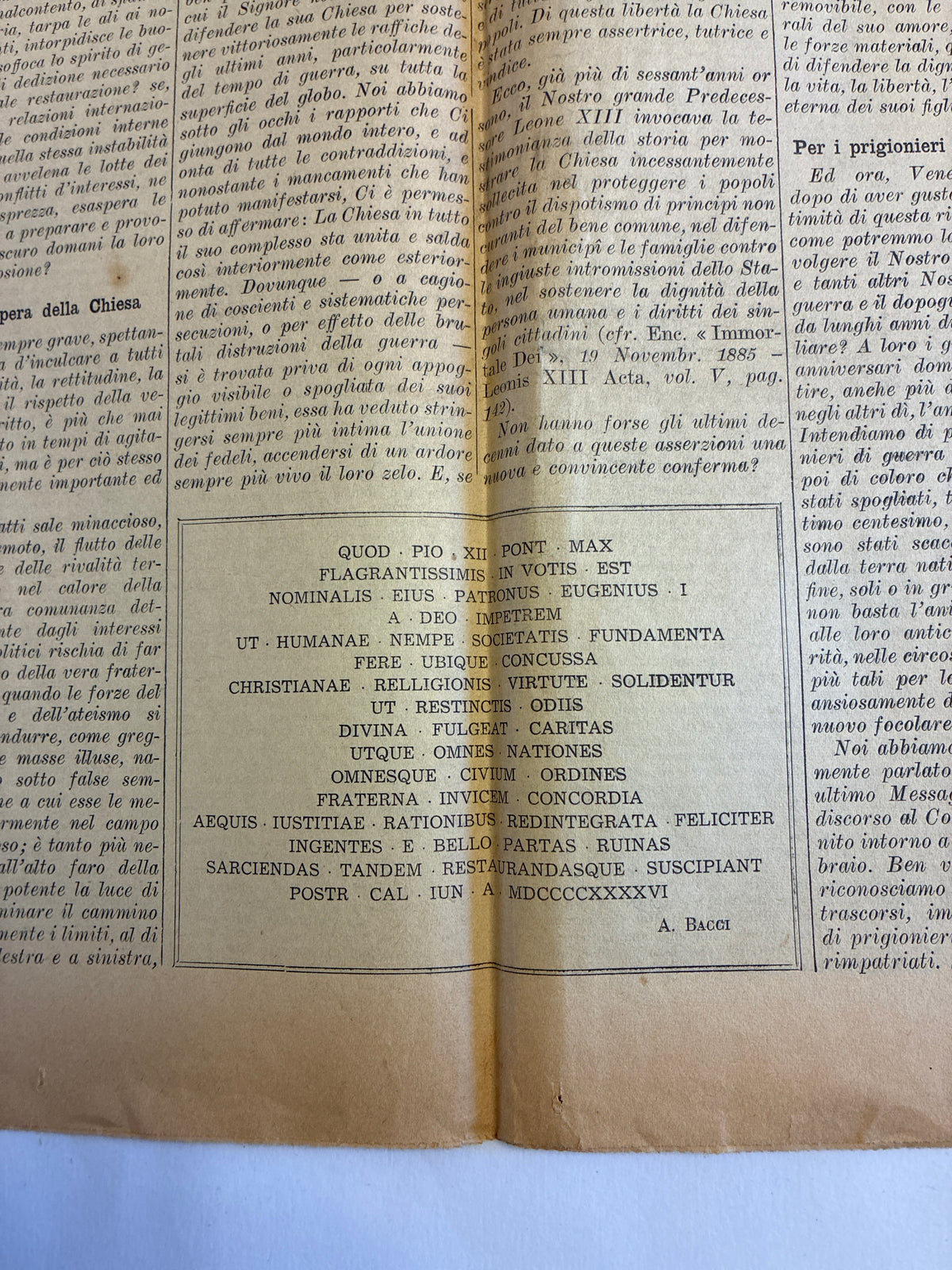 GIORNALE ORIGINALE 2 Giugno 1946 LOsservatore Romano - REFERENDUM PAPA PIO XII