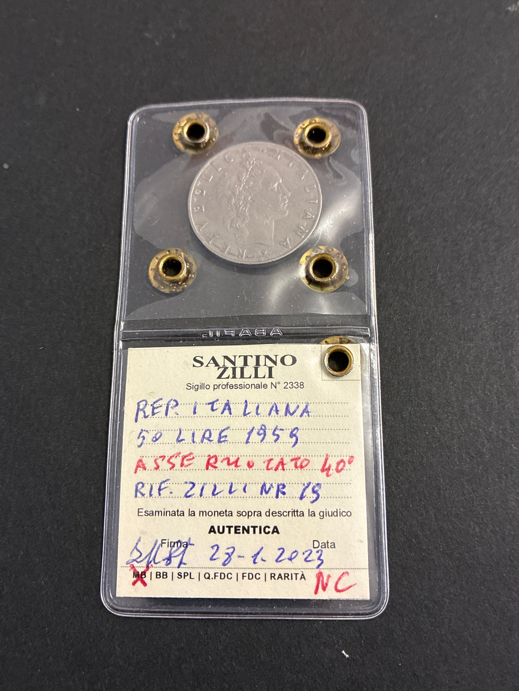 50 Lire 1959 "Vulcano" - Errore di Conio Asse Ruotato 40° - Periziata MB