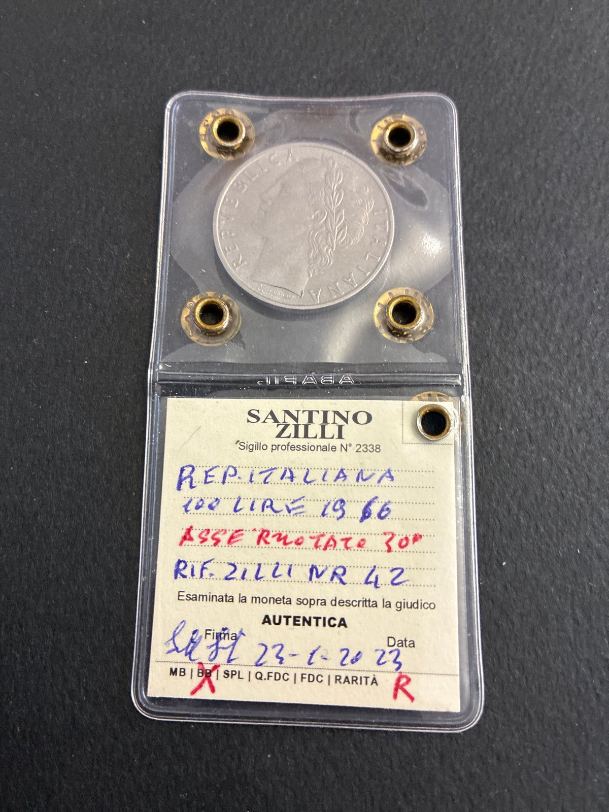 100 Lire 1966 Minerva Rara con Errore Asse Ruotato 30° Periziata