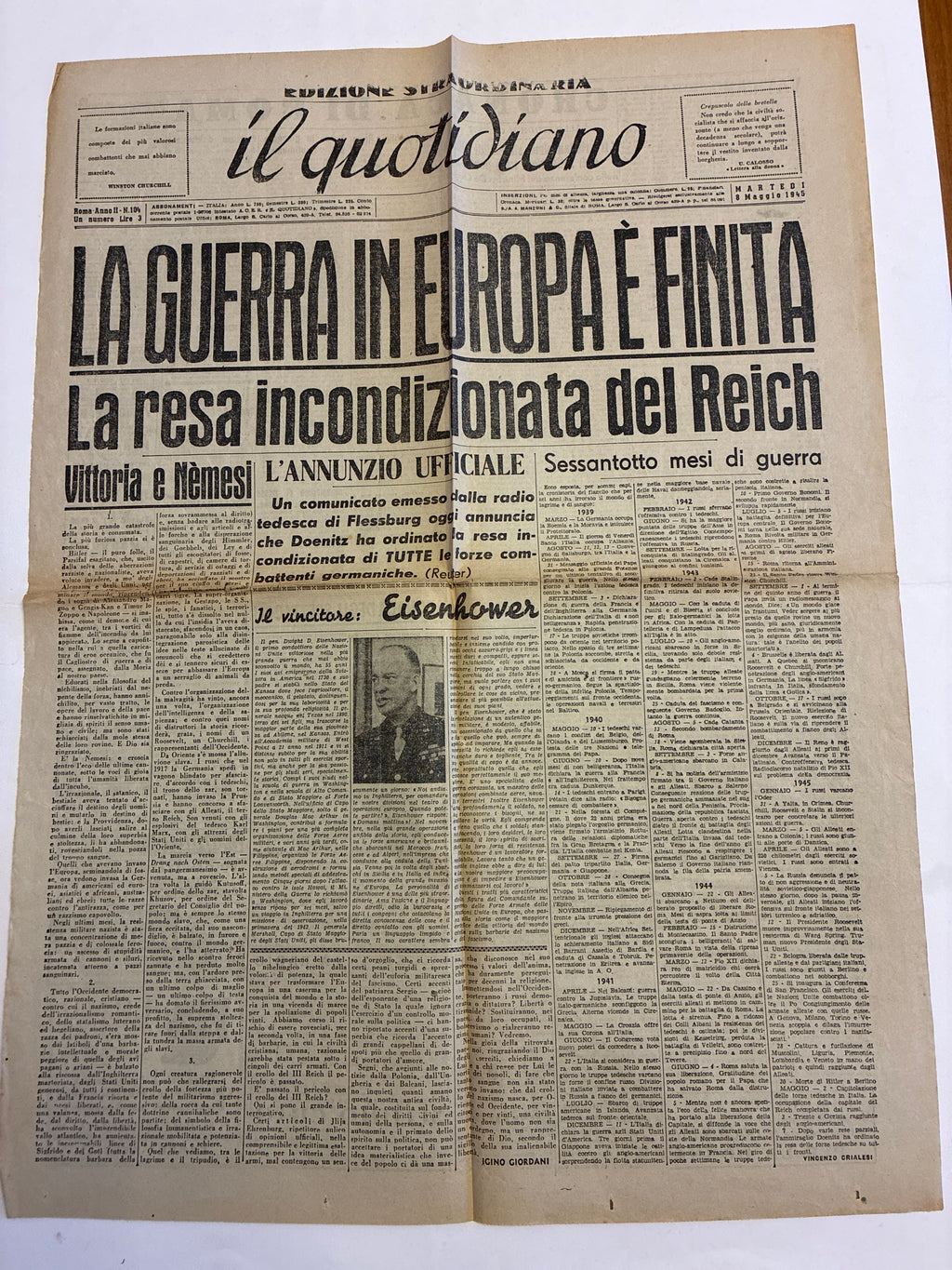GIORNALE ORIGINALE EDIZIONE STRAORDINARIA 8 Maggio 1945 Il Quotidiano - LA GUERRA IN EUROPA E' FINITA