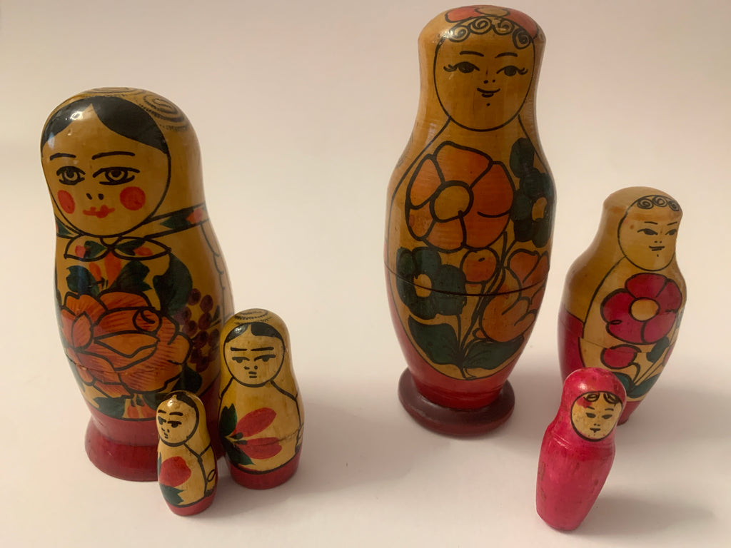 Lotto 2 Set Matrioske Russe Vintage in Legno Dipinte a Mano - Bambole Tradizionali (3+3 Pezzi)