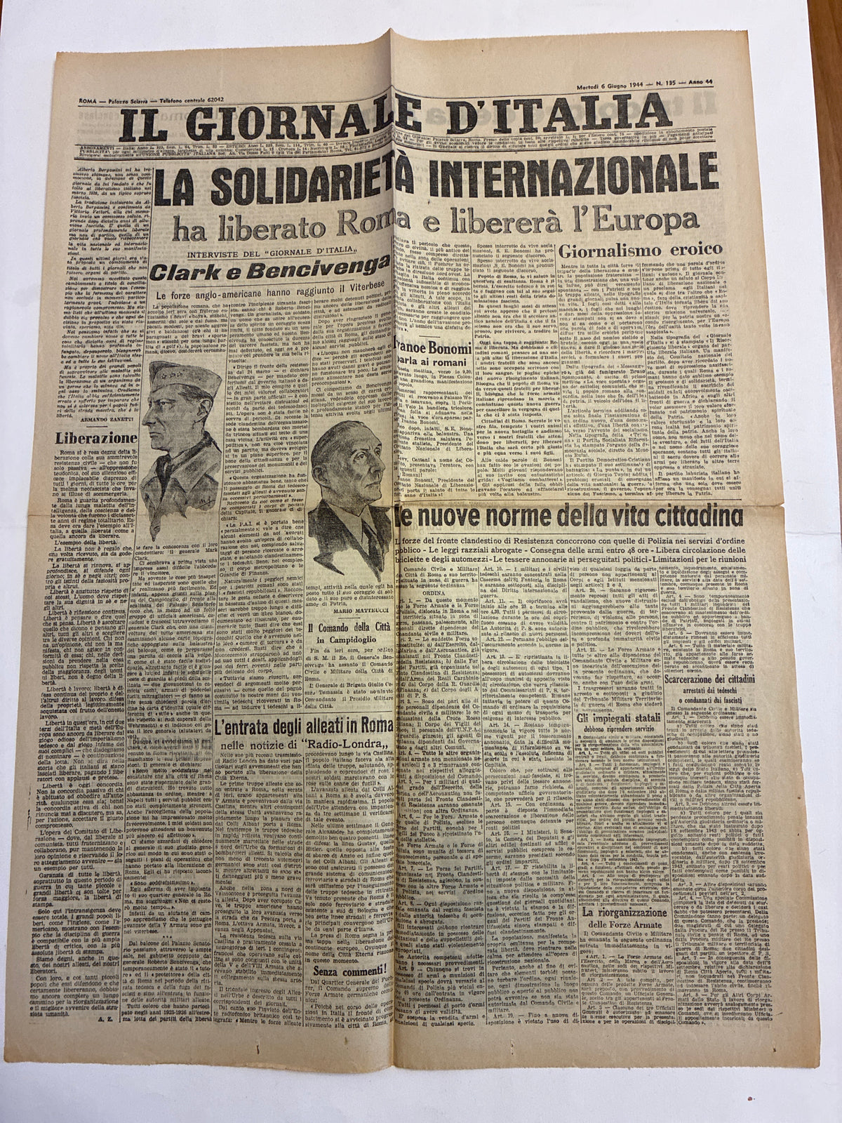 Quotidiano storico "Il Giornale d'Italia" – Edizione della Liberazione di Roma (6 Giugno 1944)