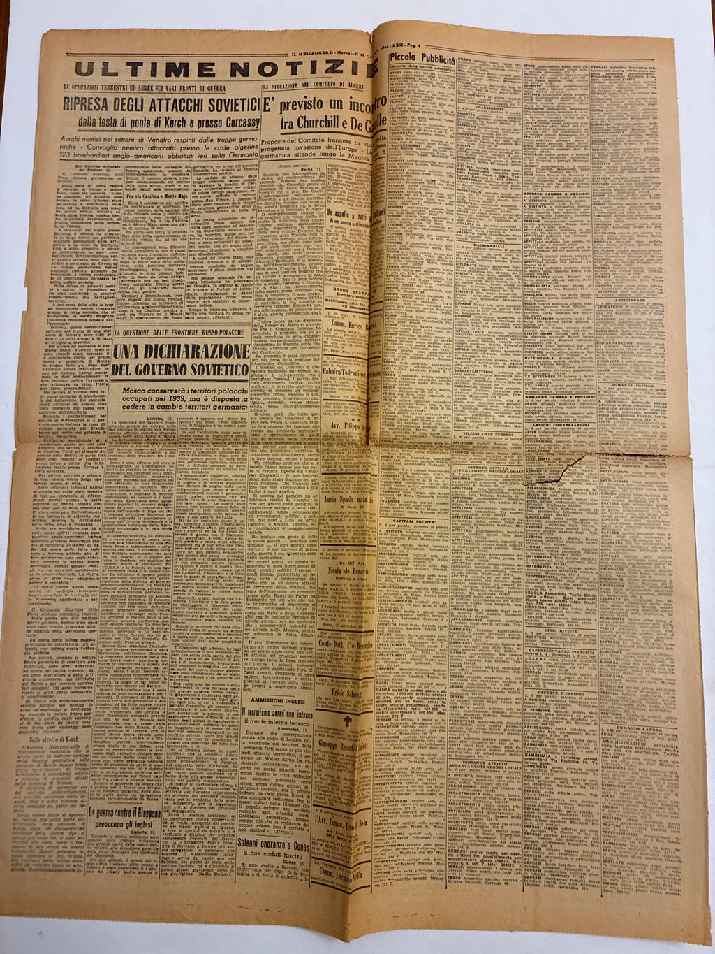 Quotidiano ORIGINALE 12 Gennaio 1944 Il Messaggero Processo di Verona Ciano Condannato COMPLETO