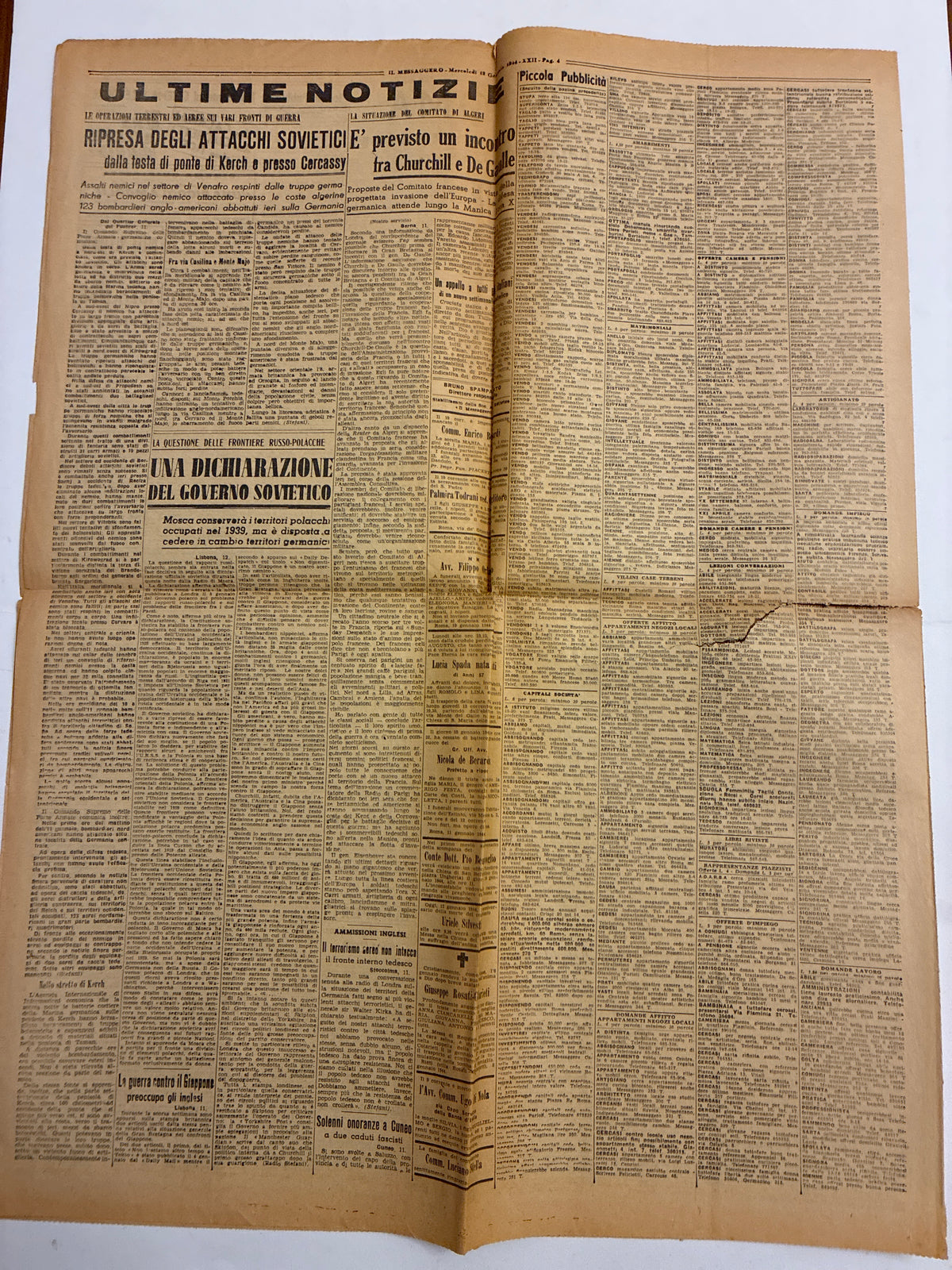 Quotidiano ORIGINALE 12 Gennaio 1944 Il Messaggero Processo di Verona Ciano Condannato COMPLETO