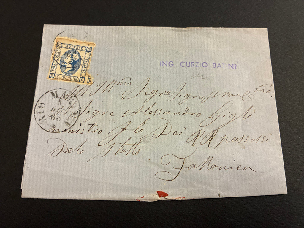 Lettera 1865 con 15 Centesimi Azzurro Primo Tipo "Matraire" in uso tardivo dall'Archivio e Collezione dell'Ing. Curzio Batinio