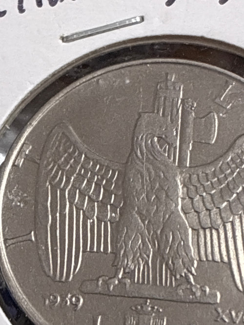 1 lira 1939 Errore di Conio per Conio Ostruito al Rovescio in Lega Magnetica