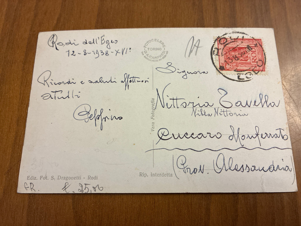 Isole Italiane Egeo 1938 Cartolina da Rodi a Alessandria Affrancata 20 Centesimi Era Fascista Anno XVI Mandracchio Lupa Capitolina