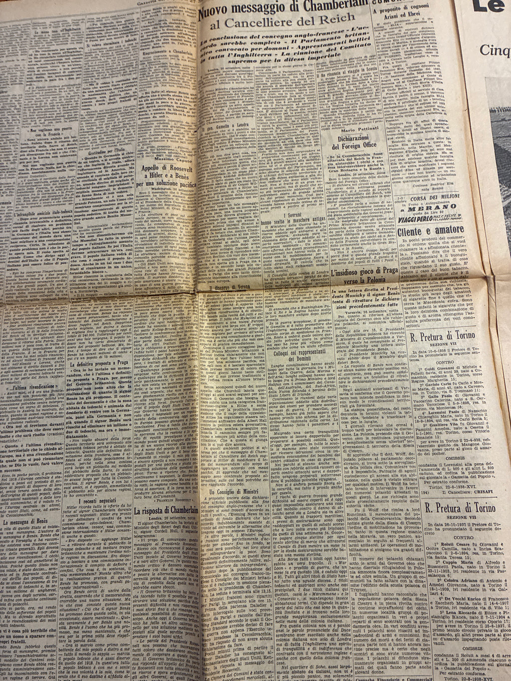 Quotidiano Storico Gazzetta del Popolo 27 Settembre 1938 Fascismo Mussolini Crisi Monaco