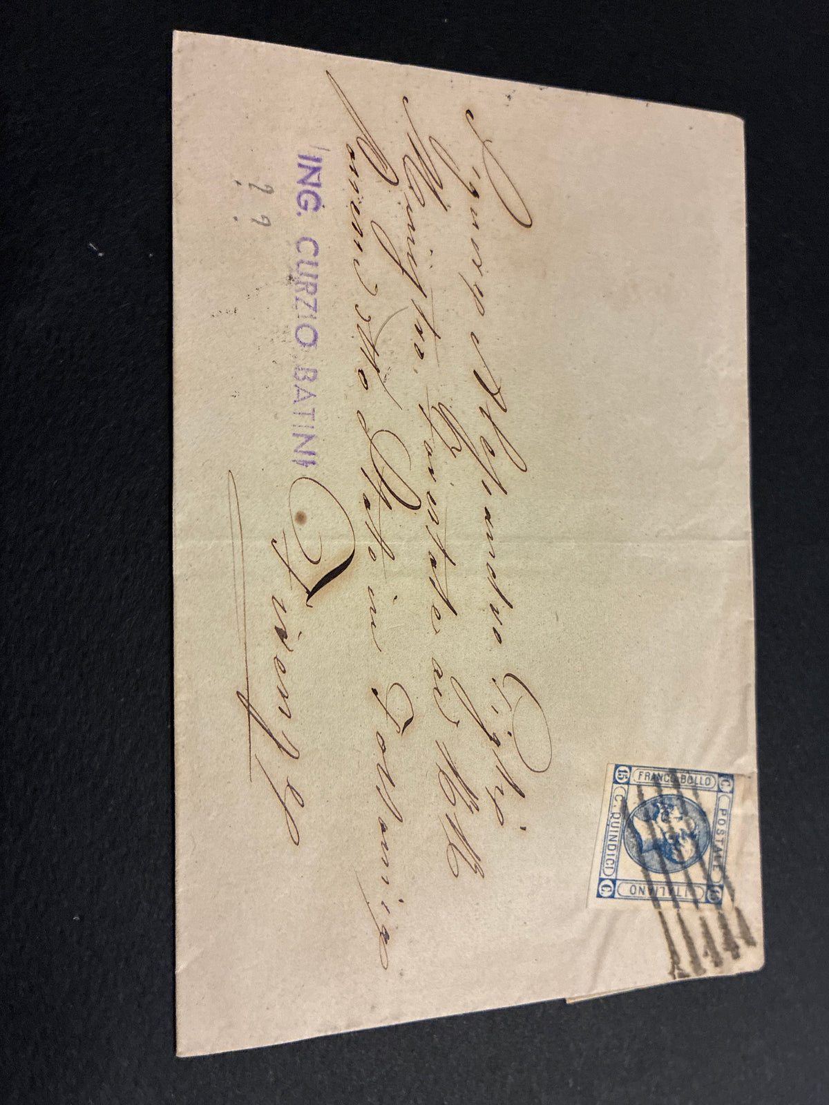 Busta 18/10/1863 Regno d'Italia 15 C. Litografico II Tipo Annullato a Barre con Transito Livorno e Lineare Batini