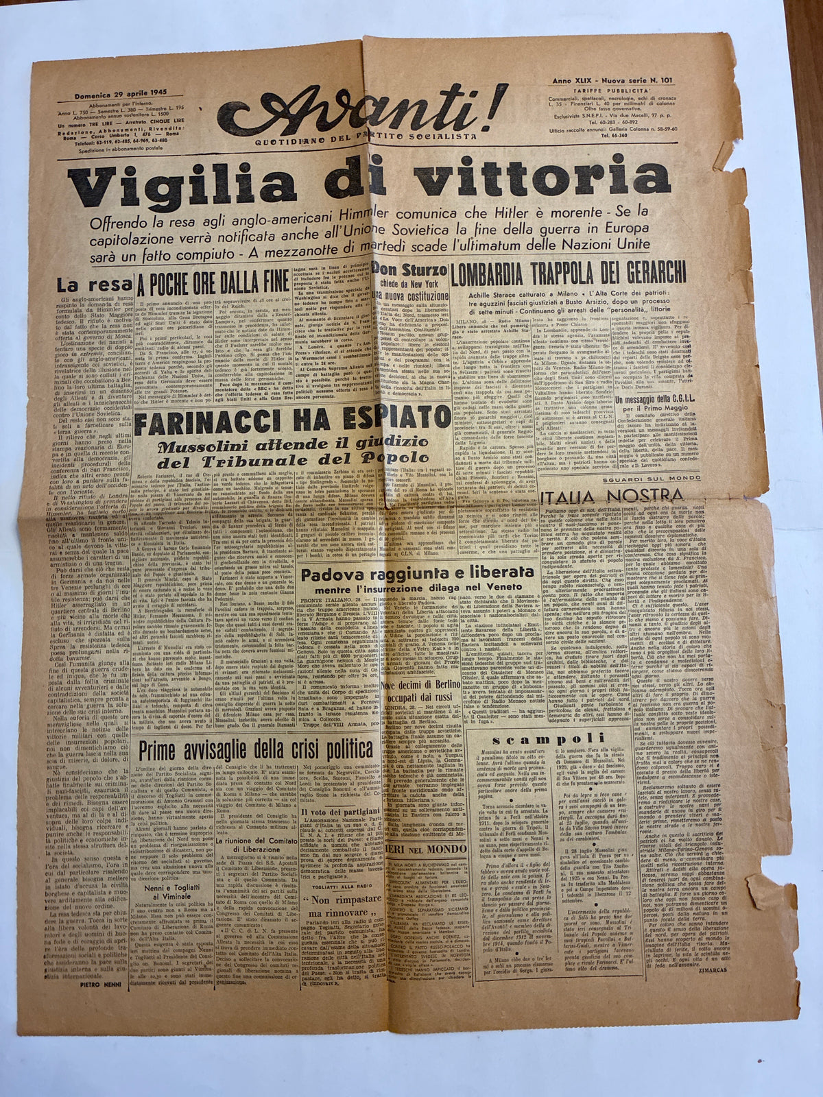 Raro Quotidiano Originale L'Avanti! 29 Aprile 1945 - Edizione Completa Roma - Fucilazione Farinacci e Mussolini