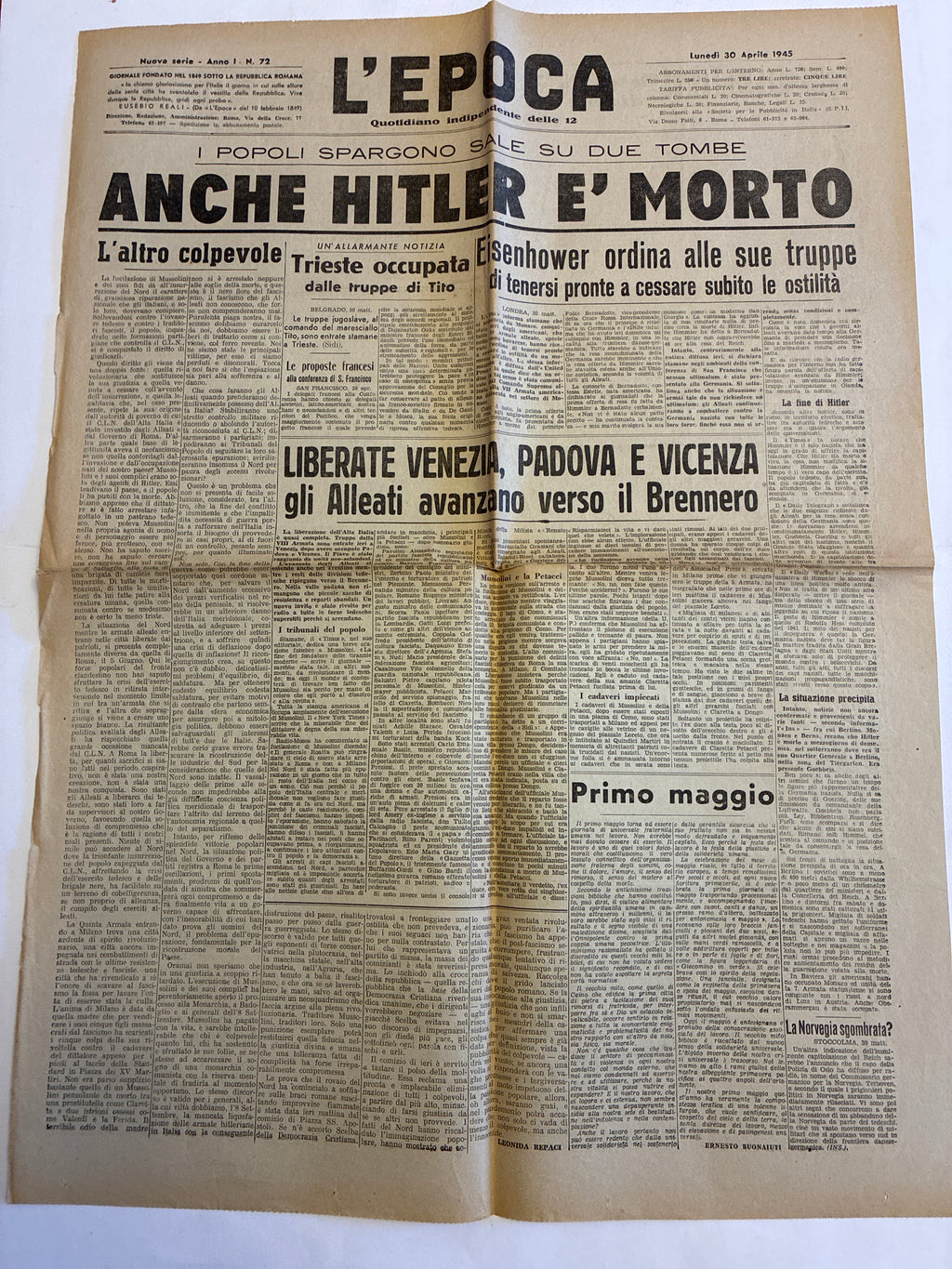 Rarissimo Quotidiano L'Epoca Originale 30 Aprile 1945 (Scoop Unico 24 Ore Prima Sulla Morte Di Hitler)